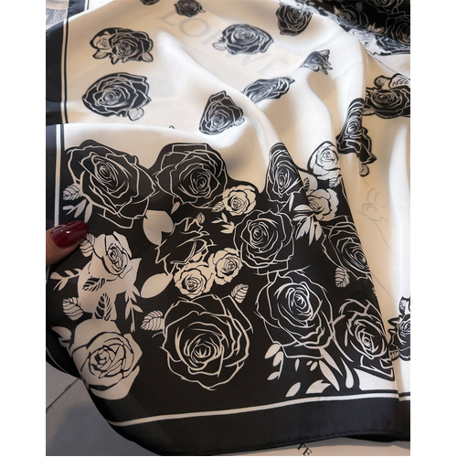 Black Pure Silk Scarf - Elegant Flower Design, Square Handkerchief (Style 10) - Main Image