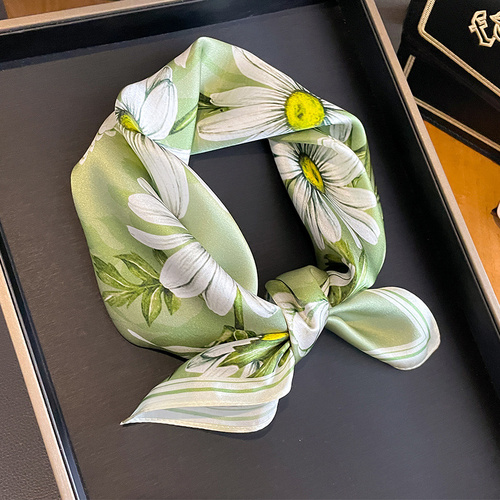 Green Pure Silk Scarf - Elegant Flower Design, Square Handkerchief (Style 11) - Main Image