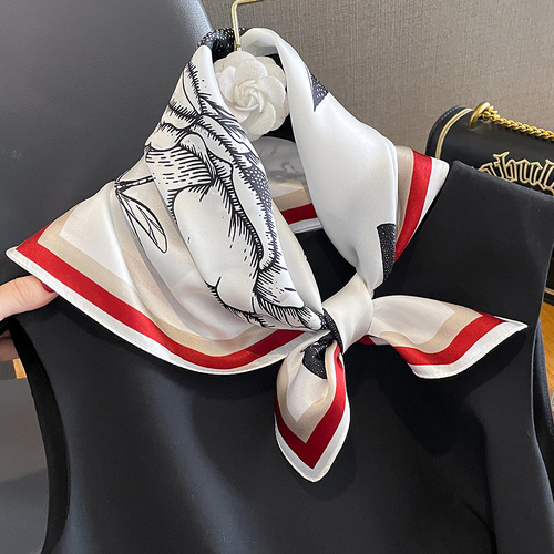 Red Edge Pure Silk Scarf - Elegant Flower Design, Square Handkerchief (Style 13) - Main Image