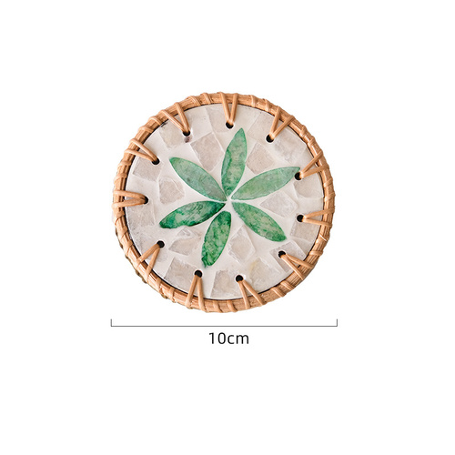 (Green Leaf Pattern) Set of 5 Rattan & Shell Coasters - Decorative & Heat Resistant - Main Image