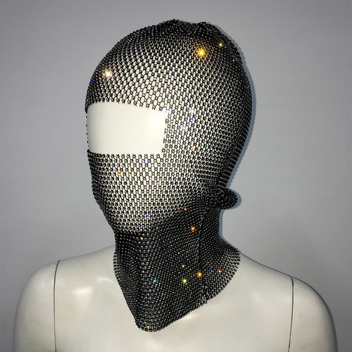 Black Glitter Rhinestone Face Balaclava - Trendy Music Festival Head Cover, 37cm - Main Image