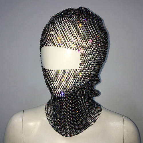 Black colored diamonds Glitter Rhinestone Face Balaclava - Trendy Music Festival Head Cover, 37cm - Main Image