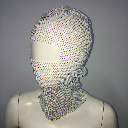 White colored diamonds Glitter Rhinestone Face Balaclava - Trendy Music Festival Head Cover, 37cm - Main Image