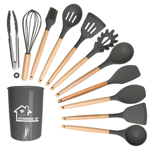 Dark Grey And Brown 12-Piece Silicone Kitchen Utensil Set - Non-Stick Food-Grade Silicone Cooking Tools with Wooden Handles and Holder - Main Image