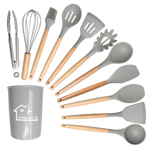 Light Grey And Brown 12-Piece Silicone Kitchen Utensil Set - Non-Stick Food-Grade Silicone Cooking Tools with Wooden Handles and Holder - Main Image