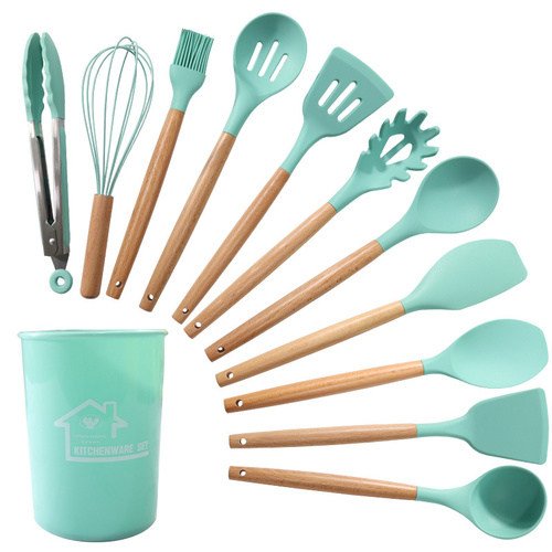Green And Brown 12-Piece Silicone Kitchen Utensil Set - Non-Stick Food-Grade Silicone Cooking Tools with Wooden Handles and Holder - Main Image