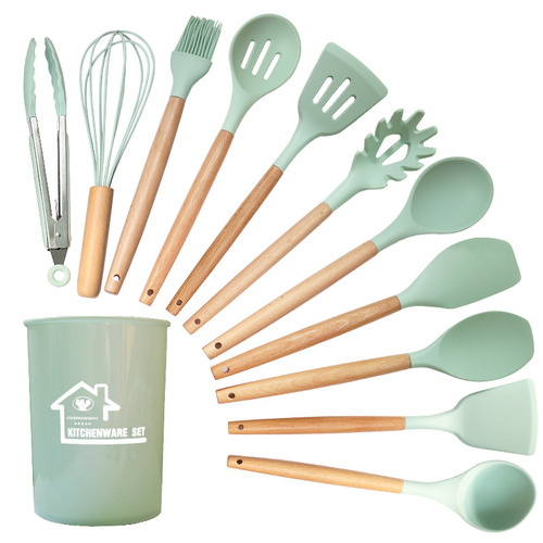 Light Green And Brown 12-Piece Silicone Kitchen Utensil Set - Non-Stick Food-Grade Silicone Cooking Tools with Wooden Handles and Holder - Main Image