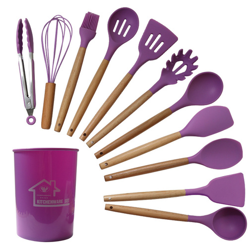 Purple And Brown 12-Piece Silicone Kitchen Utensil Set - Non-Stick Food-Grade Silicone Cooking Tools with Wooden Handles and Holder - Main Image
