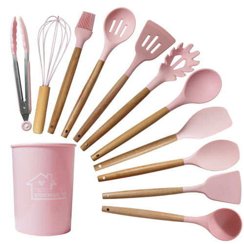 Pink And Brown 12-Piece Silicone Kitchen Utensil Set - Non-Stick Food-Grade Silicone Cooking Tools with Wooden Handles and Holder - Main Image