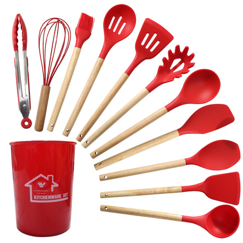 Red And Brown 12-Piece Silicone Kitchen Utensil Set - Non-Stick Food-Grade Silicone Cooking Tools with Wooden Handles and Holder - Main Image