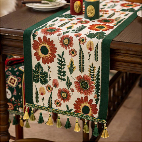 35x330cm Green Pastoral Table Runner - Spring Floral Oil Painting Style with Tassels - Main Image