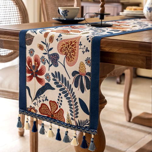 35x330cm Blue Pastoral Table Runner - Spring Floral Oil Painting Style with Tassels - Main Image