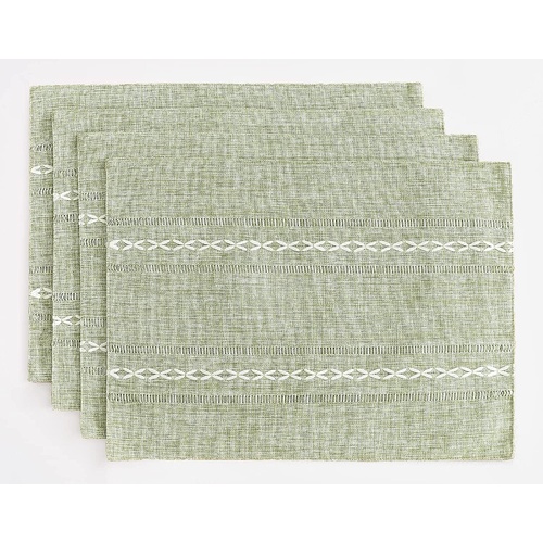 4 Pcs Green Woven Placemats - Heat Resistant Kitchen Table Mats, Coffee Tea Cup Coasters, Linen Blend Dining Decor - Main Image