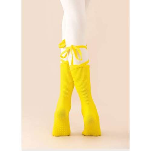 3 Pcs Yellow Non-Slip Yoga Socks with Cross Straps - Cotton Pilates Dance Socks for Women, Lightweight Comfort - Main Image