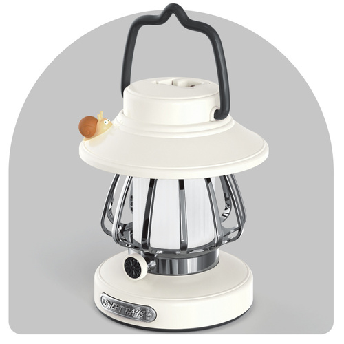 White Retro Snail Night Light - Portable Rechargeable Camping Lantern with Hook, 3-Color Dimming - Main Image