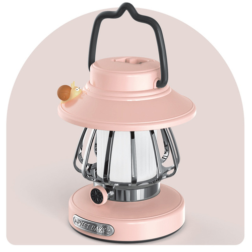 Pink Retro Snail Night Light - Portable Rechargeable Camping Lantern with Hook, 3-Color Dimming - Main Image