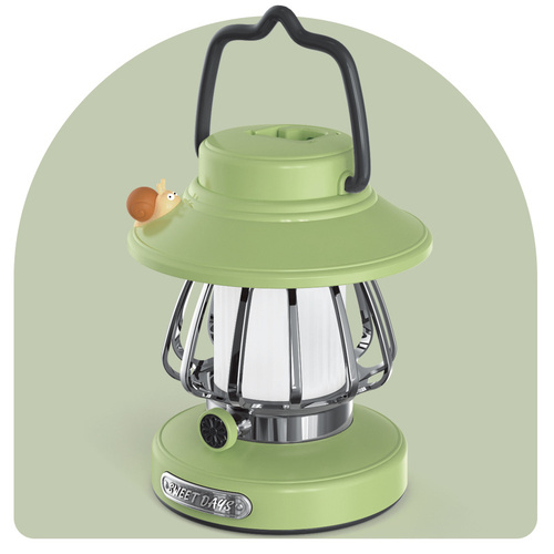 Green Retro Snail Night Light - Portable Rechargeable Camping Lantern with Hook, 3-Color Dimming - Main Image
