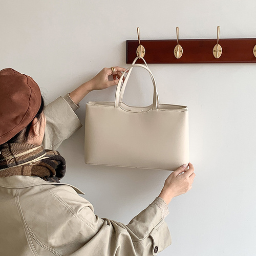 Beige Large Capacity Tote Bag - Minimalist PU Leather Handbag for Daily Commute - Main Image
