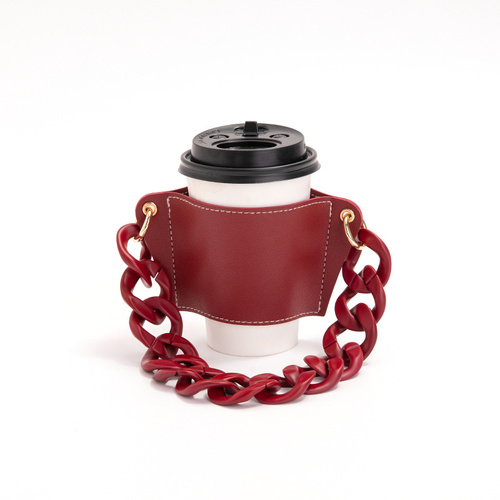 2 Pcs Red Detachable Chain Coffee Cup Sleeve - PU Leather Insulated Cup Holder with Handle, 16cm Top, 70g(Cup not included, only cup sleeve and chain) - Main Image
