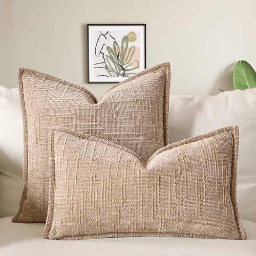 Khaki Chenille Crosshatch Textured Pillow Covers Set of 2 - Modern Minimalist Sofa Bed Cushion Covers 45x45cm & 30x50cm(without pillow core) - Main Image