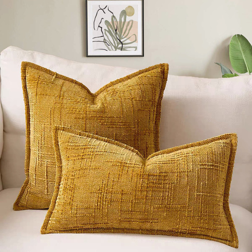 Yellow Chenille Crosshatch Textured Pillow Covers Set of 2 - Modern Minimalist Sofa Bed Cushion Covers 45x45cm & 30x50cm(without pillow core) - Main Image
