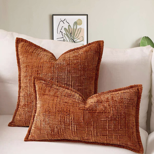 Brick Red Chenille Crosshatch Textured Pillow Covers Set of 2 - Modern Minimalist Sofa Bed Cushion Covers 45x45cm & 30x50cm(without pillow core) - Main Image