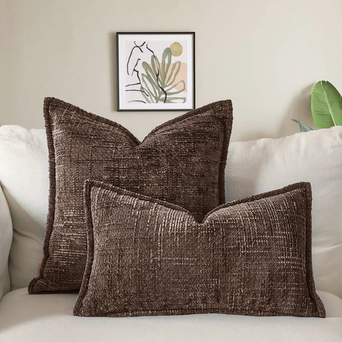 Coffee Chenille Crosshatch Textured Pillow Covers Set of 2 - Modern Minimalist Sofa Bed Cushion Covers 45x45cm & 30x50cm(without pillow core) - Main Image