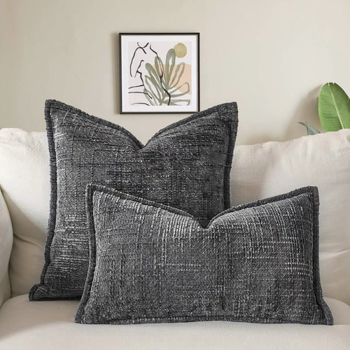 Dark Grey Chenille Crosshatch Textured Pillow Covers Set of 2 - Modern Minimalist Sofa Bed Cushion Covers 45x45cm & 30x50cm(without pillow core) - Main Image