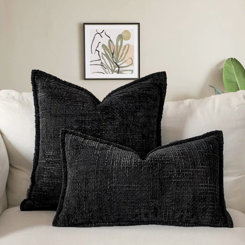 Black Chenille Crosshatch Textured Pillow Covers Set of 2 - Modern Minimalist Sofa Bed Cushion Covers 45x45cm & 30x50cm(without pillow core) - Main Image