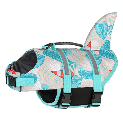 Size L Beige And Blue Sailboat Pattern Pet Life Jacket for Dogs - Summer Swimming Safety Vest with Shark Fin for Small to Large Breeds - Main Image