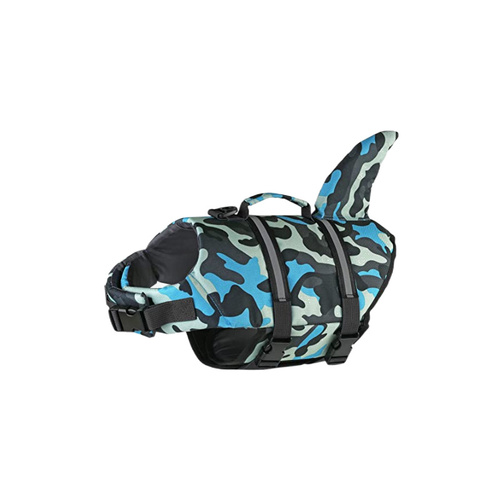 Size L Blue Camouflage Pattern Pet Life Jacket for Dogs - Summer Swimming Safety Vest with Shark Fin for Small to Large Breeds - Main Image