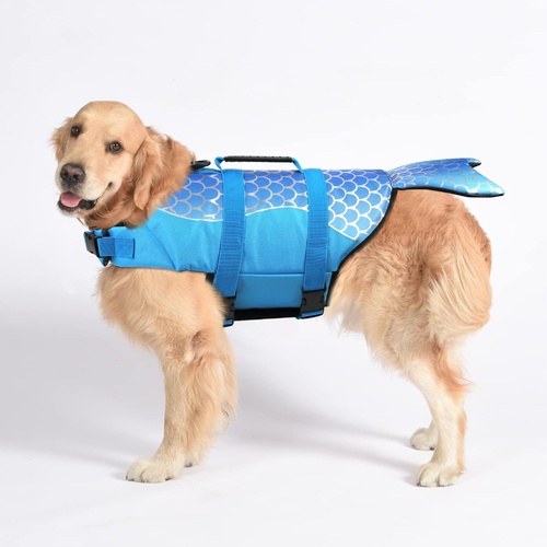 Size XS Blue Scales Pattern Pet Life Jacket for Dogs - Summer Swimming Safety Vest with Shark Fin for Small to Large Breeds - Main Image