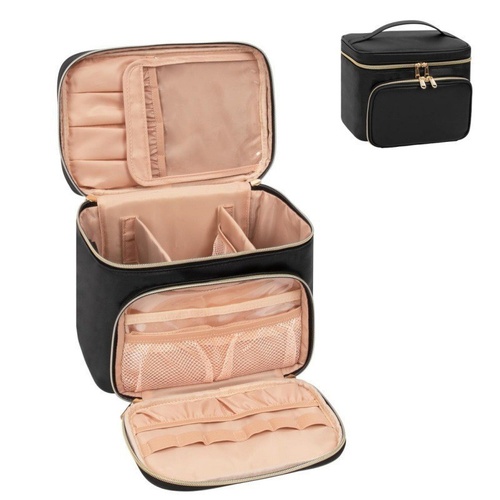 Black Portable Travel Makeup Bag with Brush Compartment - Stylish PU Leather Cosmetic Organizer for Skincare and Toiletry Storage - Main Image