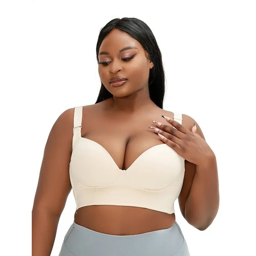 34/75E Beige Plus-Size Seamless Underwire Bra - Lift & Support Deep V Sports Back Design - Main Image
