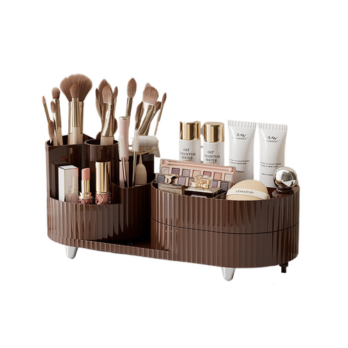 Rotating cosmetics storage box, two-layer milk tea brown - Main Image