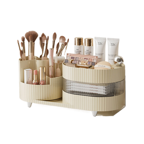 Rotating cosmetics storage box with three layers of cream white - Main Image