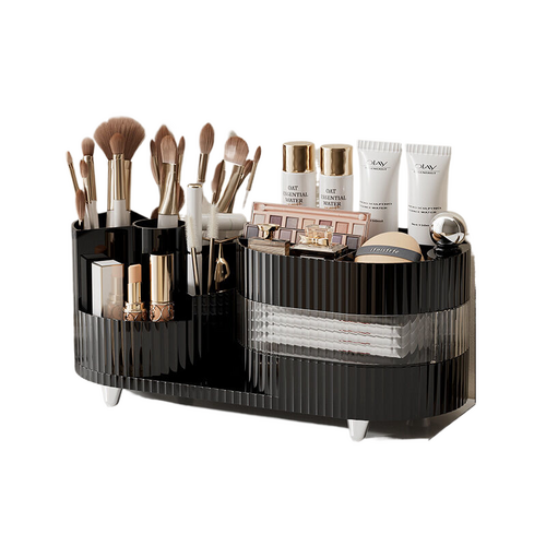 Rotating cosmetics storage box with three layers of milk black color - Main Image