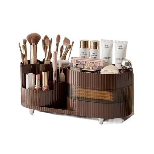 Rotating cosmetics storage box with three layers of milk tea brown - Main Image
