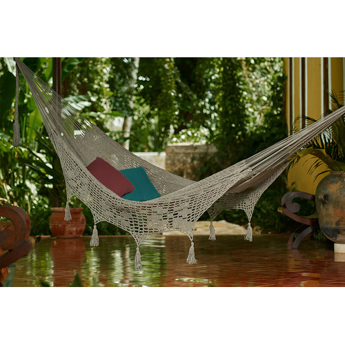 Outdoor undercover cotton Mayan Legacy hammock with hand crocheted tassels King Size Dream Sands - Main Image