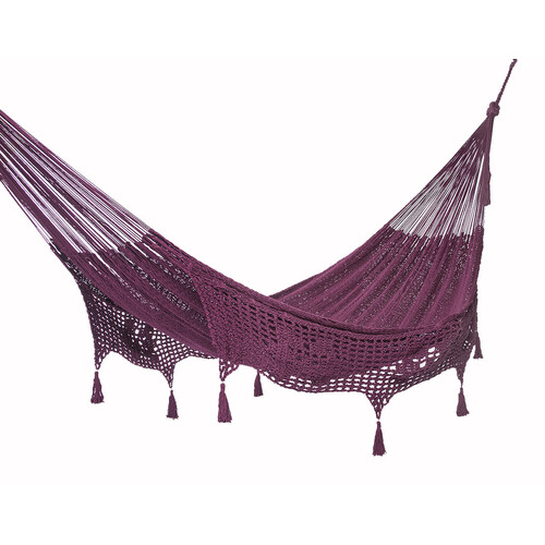 Outdoor undercover cotton Mayan Legacy hammock with hand crocheted tassels King Size Maroon - Main Image