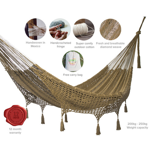Outdoor undercover cotton Mayan Legacy hammock with hand crocheted tassels Queen Size Cedar - Main Image