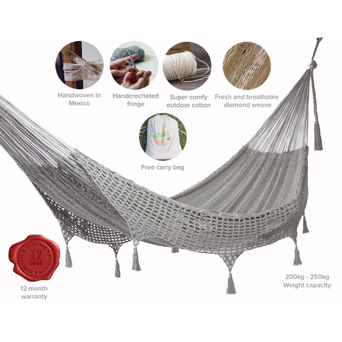 Outdoor undercover cotton Mayan Legacy hammock with hand crocheted tassels Queen Size Dream Sands - Main Image