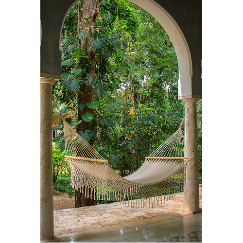 Mayan Legacy Queen Size Outdoor Cotton Mexican Resort Hammock With Fringe in Cream Colour - Main Image
