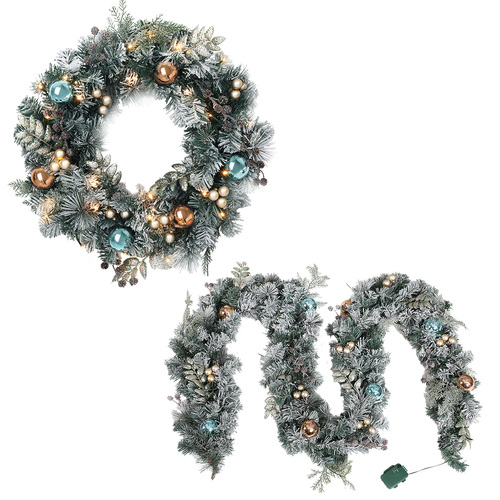 Jingle Jollys 2.7m Christmas Garland with Wreath Set LED Lights Snowy Xmas Decor - Main Image